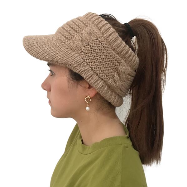 Beige Beanie med Hale til Vinter - Varmt Strikket Messy Høj Knold Ponytail Hat