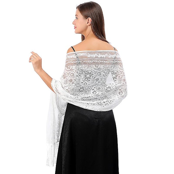 Kvinners Blomster Blonde Mesh Pashmina Fest Bryllup Sjal Skjerf Med Frynser Cashew Hvit