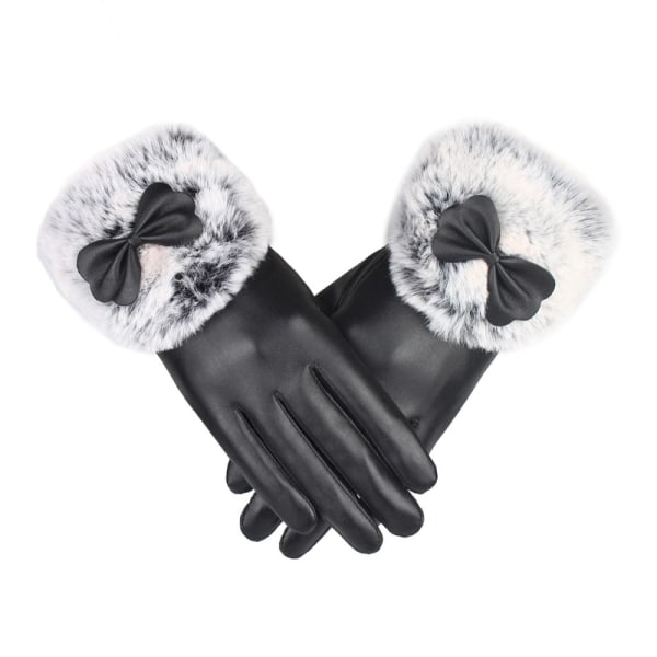 Women's Plush Bowknot Leather Gloves