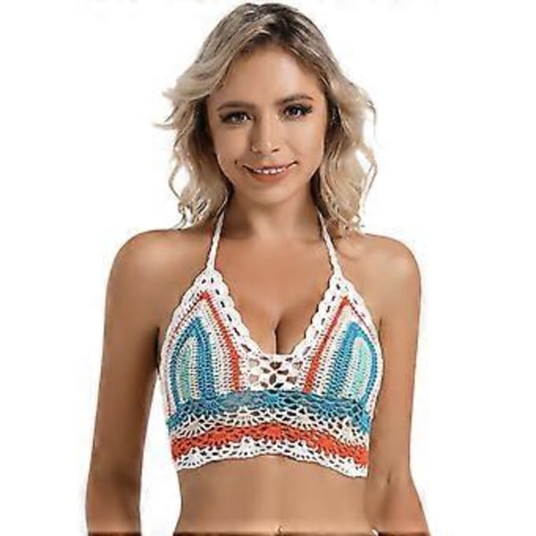 Dame Deep V-udskæring Hæklet Halterneck Cropped Top Polstret Hæklet Badedragt Top, Håndlavet Halterneck Strandtop Farverig hvid L(Farverig hvidL) Colorful white L