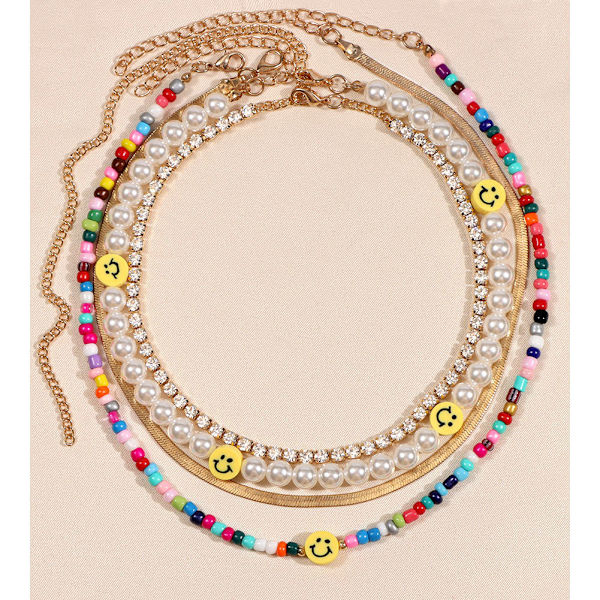 Bohemia Multilayer Smiley Pearl Rainbow Beaded Choker Halskæde Fo