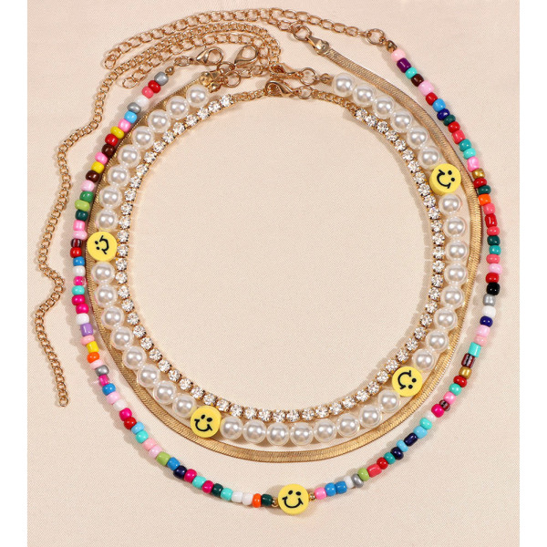 Bohemia Multilayer Smiley Pearl Rainbow Beaded Choker Necklace Fo