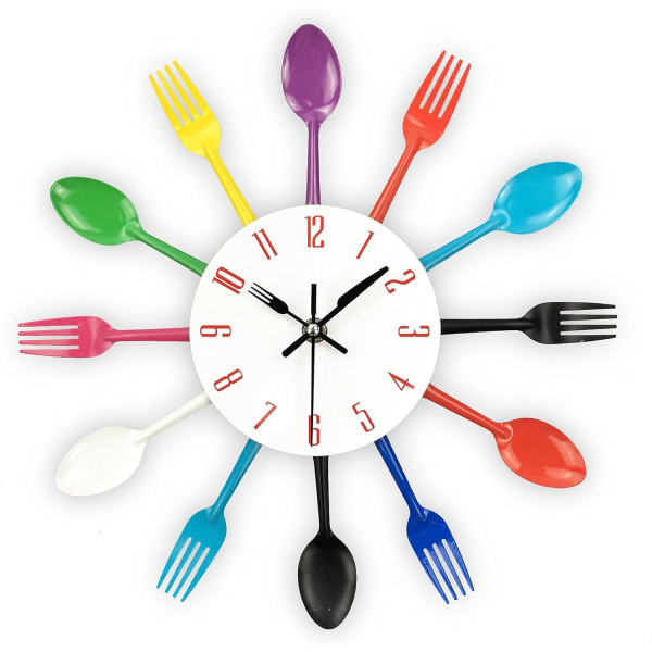 Mirror Effect Kitchen Clock with Spoon Fork Removable 3D Sticker