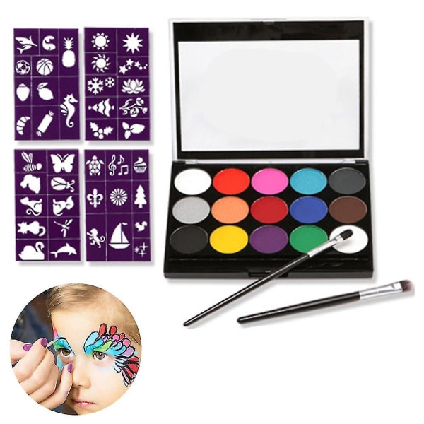 Body Make-up farver, 15 farver Makeup Palette 2 kuglepenne + 4 skabeloner ansigtsmaling sæt til parti