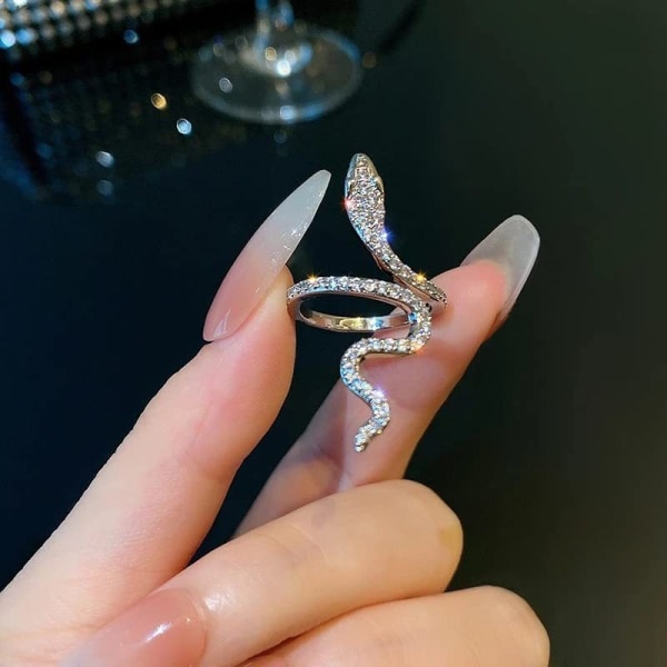 Vikle skinnende sølvdiamant ring, slange, justerbar