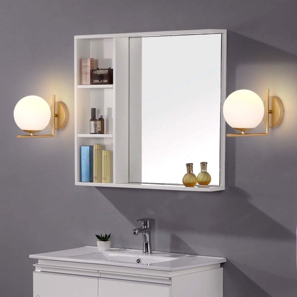 Vägglampa, vit glasglob, guld vägglampa, mitten av århundradet modern