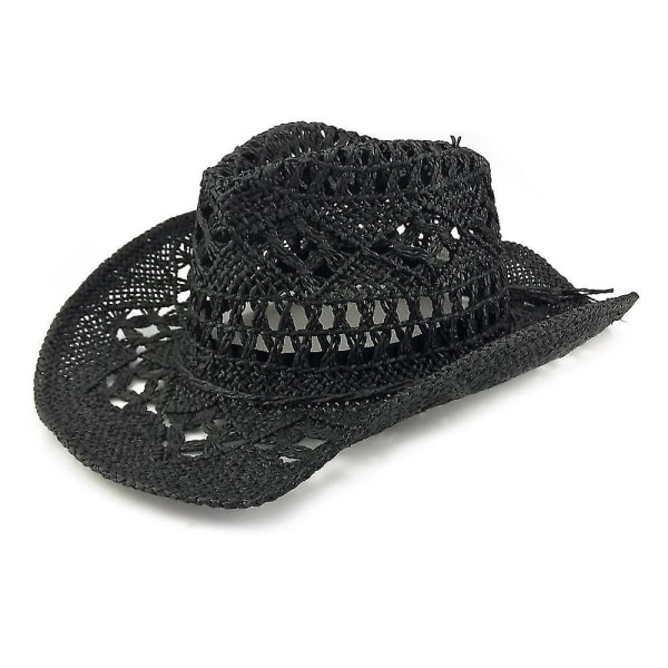 Män &amp; Cowboyhatt i vävd strå för damer sommar strandsolhatt, justerbar (svart)