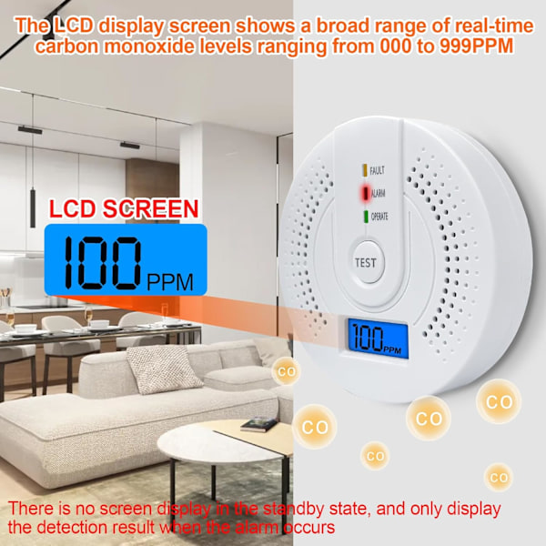 Koldioxiddetektor, koldioxidlarm med LED-display, uppfyller EN50291-standarden (exklusive AA-batteri)