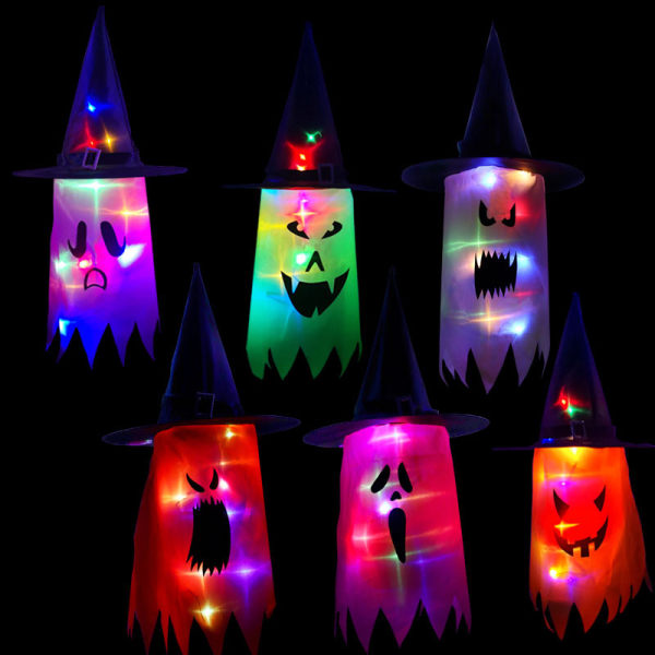Halloween-koristehattu, värikäs hohtava noidanhattu, paikan asettelu