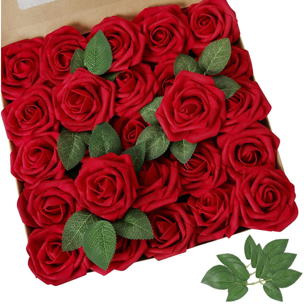 Skumrose Kunstige Blomster Falske Roser Falsk Bukett for DIY Fest Hjem Bryllupsdekorasjon (Vinfarge 25stk)