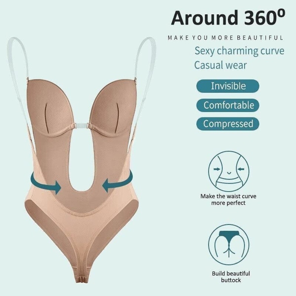 Kvinnors djupt V-ringade body shaper axelbandslös rygglös body shapewear (L)