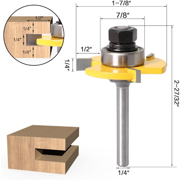 2PCS Träbearbetningsfräsar/Tappfräsar Träbearbetningsverktygssats 3 Flöjt T-Tappfräs 1/41/4