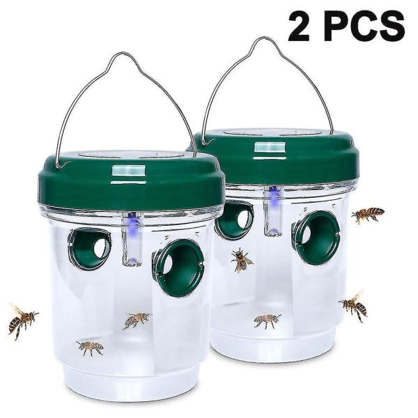 2 Pack Solar Wasp Traps Hanging, Solar Powered Wasp Killer With Uv Led Light, Reusable Bee Catcher Outdoor For Hornets