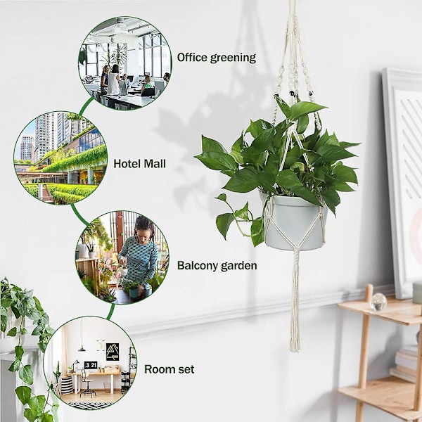 2 st Macrame Växthängare Vit Handgjord Bomullsrep Inomhus Utomhus Hängande Blomkruka (5)