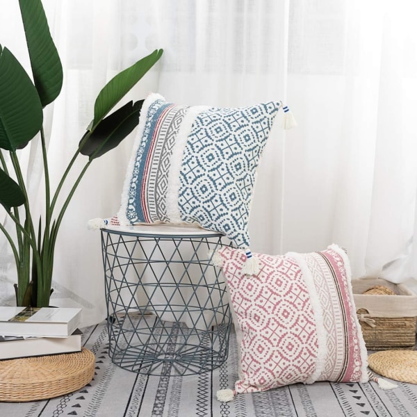 2 kpl sininen boho pompom tuftaus tyynynpäällinen - neliömäinen geometri