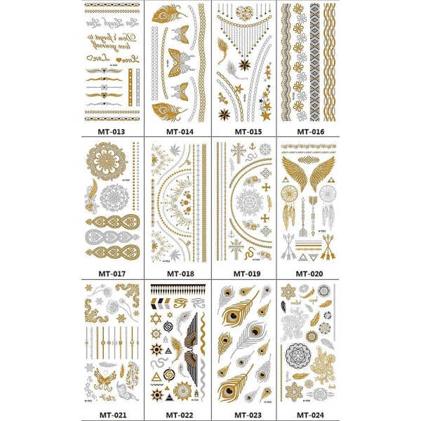 12 stk metalliske midlertidige tatoveringer Gull Sølv Midlertidige tatoveringer Glitter Shimmer Designs（B）
