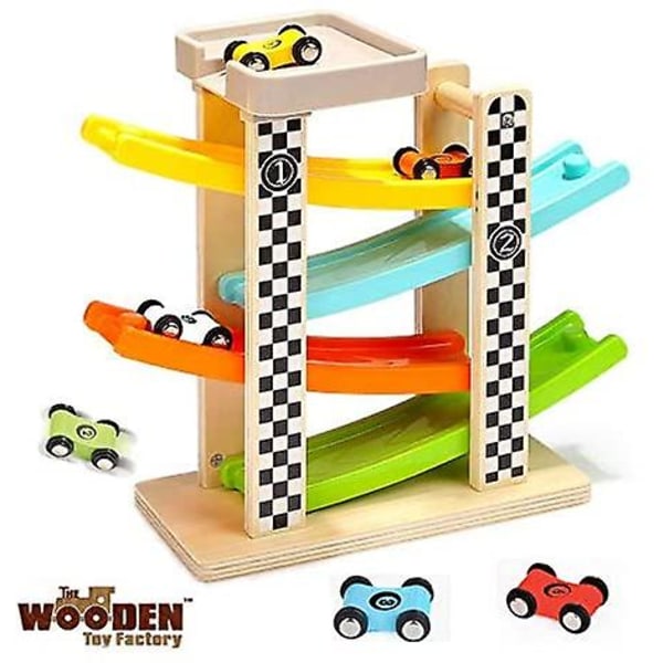 Puinen lelu Click Clack -kilparata autoilla ja parkkipaikalla ilman kokoonpanoa (kilpa-auto)