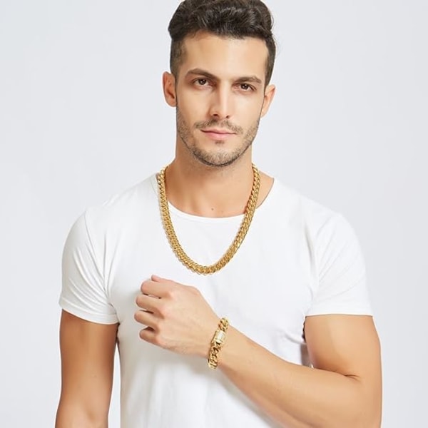 Miami Cuban Link Halskæde til Mænd 18k Guld 15mm Rustfrit Stål med