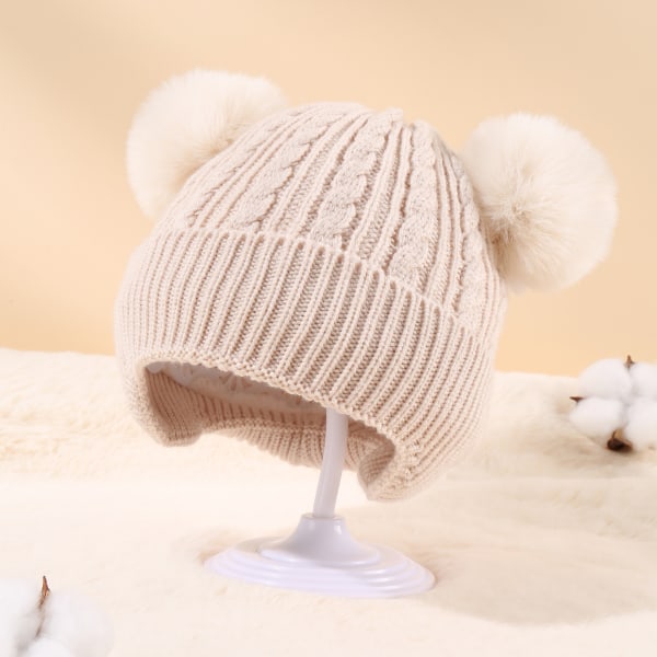 Barnmössa stickad fleece varm babyhatt (beige)