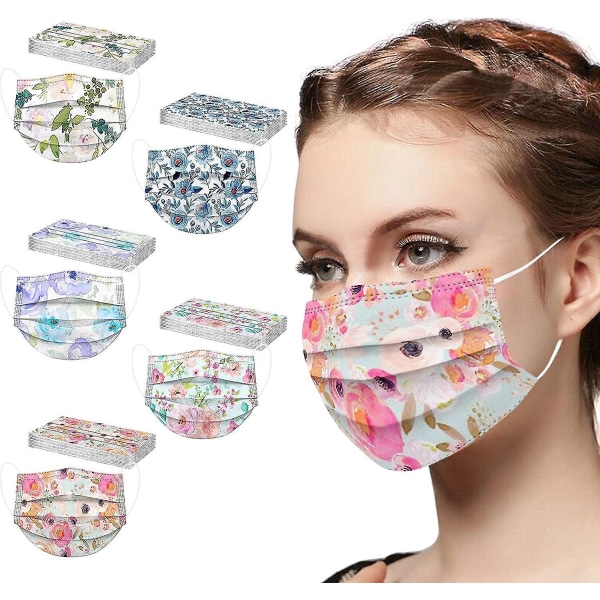 Vuxna Printed Ansiktsmasker för engångsbruk 3-lagers Färgglad Blommig Rose Andas Ansiktsmask Ansiktsskydd Ansiktsskydd 50 st 5 färger