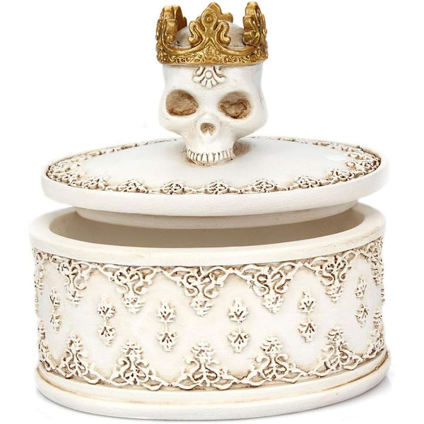 Hvid Skelet Hoved Skull Smykkeholder Æske Holder med Krone