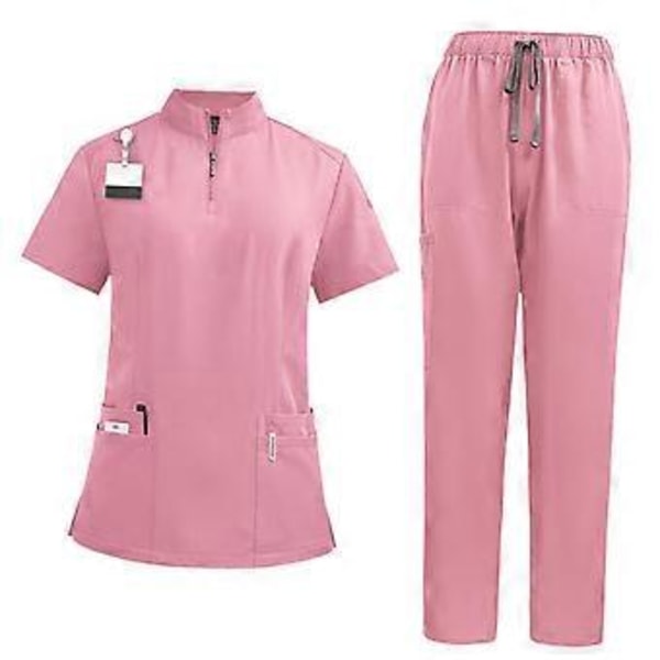Pesuasetti pehmeällä yläosalla ja joggers-housuilla lemmikkieläinten trimmaajille, kauneushoitoloille, kylpylöille, kosmetologeille (Pinkki L) Pink L