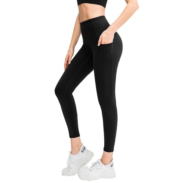 Damtights med hög midja, sidofickor, sportleggings, yogabyxor (6 (M) svart)