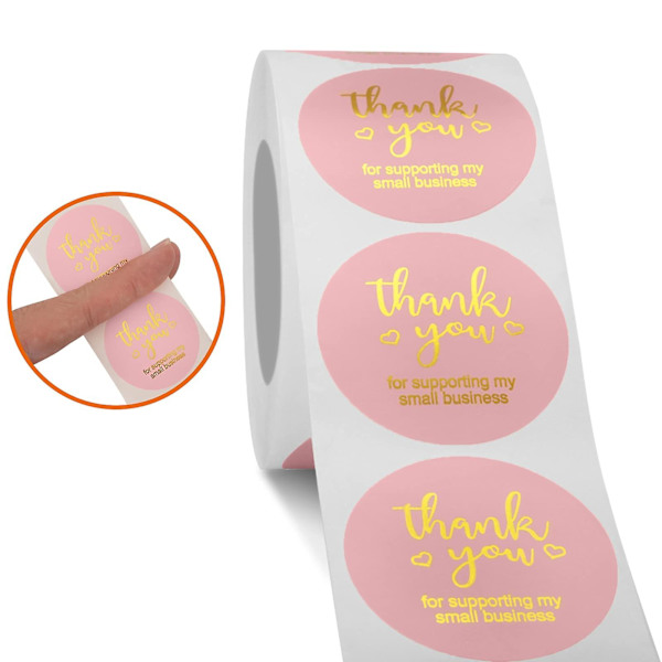 2 rullar med 1000 st tack-klistermärken, 1 tum självhäftande etikettklistermärken, kraftpapper och rosa tack-klistermärke