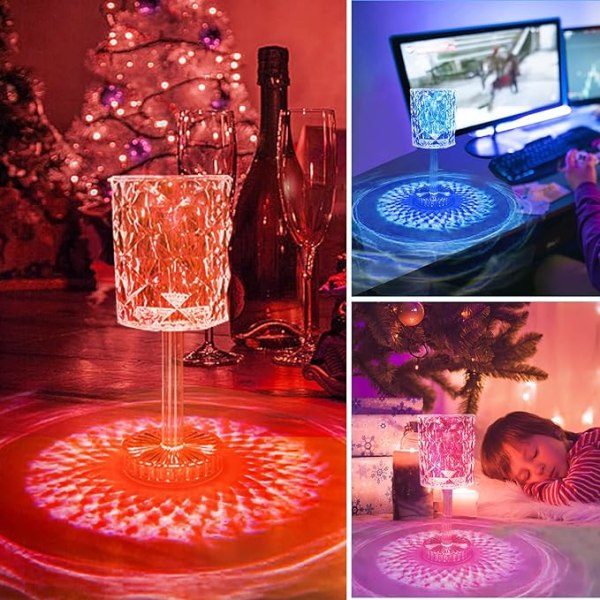 Rose Shadow Uppladdningsbar Bordslampa, Kristallvinglas, Touch och Fjärrkontroll, Färgglad och Justerbar, Kreativ Romantisk Diamant LED Nattljus Modern Heminredning (Rose Wine Glass 16 Färger)