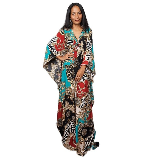 Kvinnors tryckta maxiklänning fladdermusärm strandklänning plus size solklänning strandkläder kaftan överdrag Dn0522