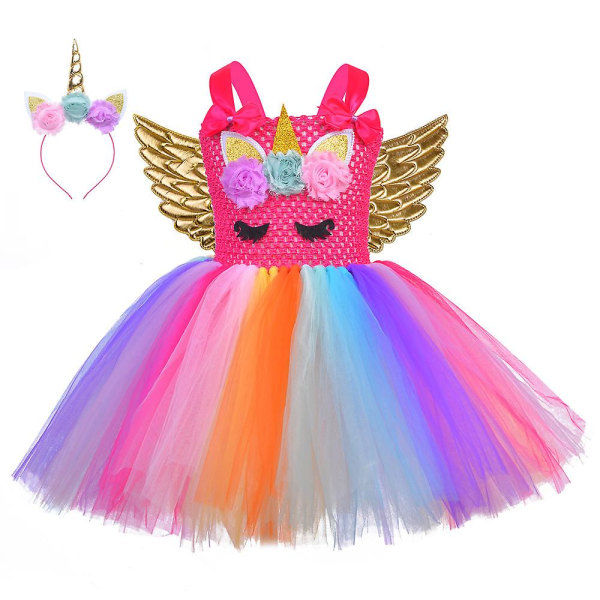 3pcs Sequin Little Child Pony Dress Unicorn Dress With Wings Headband（L(5-6Y)）