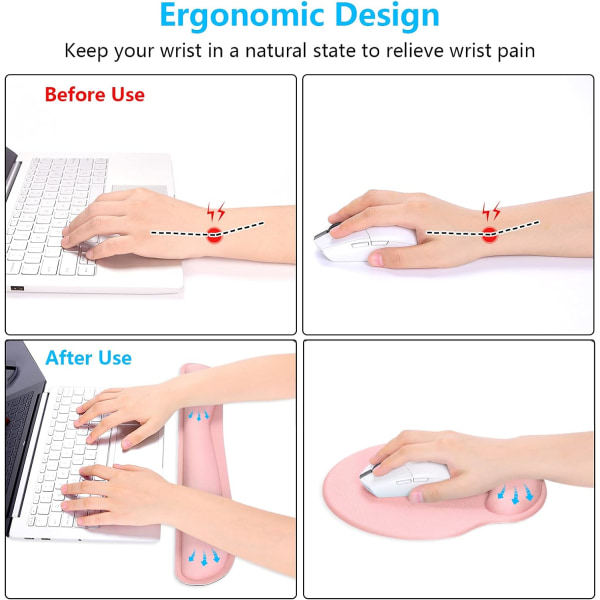 Håndleddsstøtte for tastatur og musematte med håndleddsstøtte, Memory Foam håndleddsstøtte for tastatur og musekombo, ergonomisk håndleddsstøtte med sklisikker base for enkel skriving og smertelindring, rosa