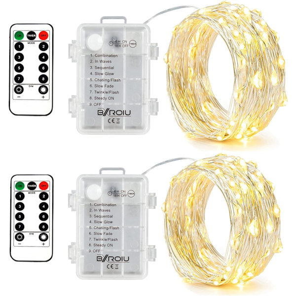 2 x 50 lysdioder batteridriven ljusslinga, 5 meter Micro Silver 3AA kabel Vattentät batteridrift med fjärrkontroll 8 program (varmvit)