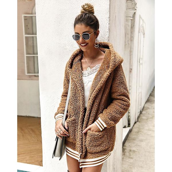 Kvinnors Oversize Fleece Plyschjacka Långärmad Cardigan Ytterkläder Teddyjacka（M Khaki）