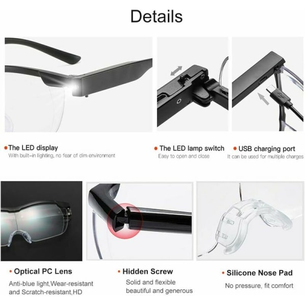 Förstoringsglasögon 2 LED-lampor, läsglasögon 160% förstoring