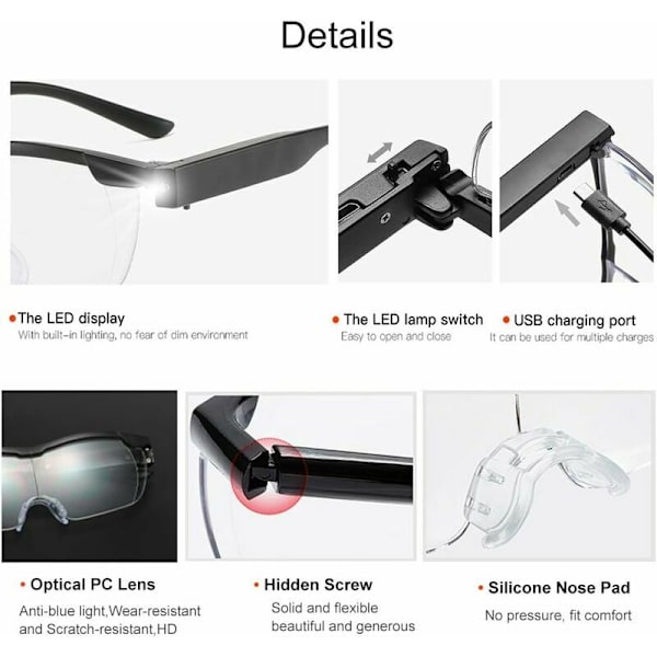 Suurennuslasit 2 LED-valolla, lukusuurennuslasit 160% suurennos