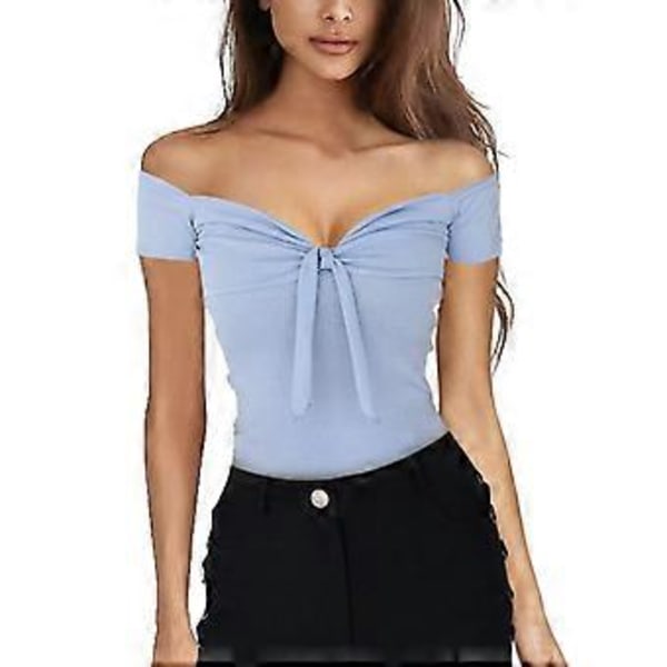 Dam Off Shoulder Topp Kortärmad Knyt Fram T-shirt Blus för Vardaglig Dejt Shopping Resor (blåM) blue M