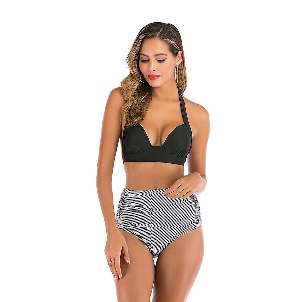 Kvinnors högmidjade bikinis set push up bikini baddräkt tvådelad baddräkt badkläder kostym（S ränder）