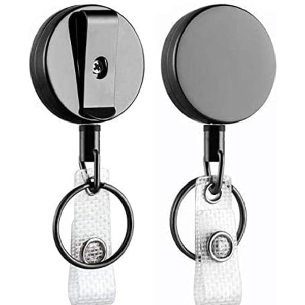 2 stk. Retractable nøkkelring nøkkelrulle, Heavy Duty Retractable Key Chain Reel Ståltrådtau for nøkler og passerer ID-belte Badge Holder Pull Reel - Svart