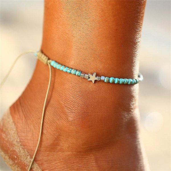 2 st Boho Turkosa fotlänk Silver Star fotlänk Strandfot smycken