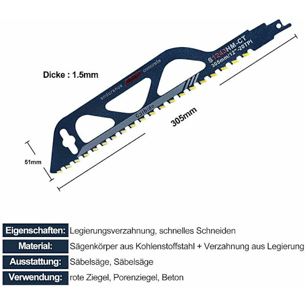 Tungsten Carbide Stålsavklinge til Metal, Træ, Sten, Sabel Sav Tilbehør til Porebeton, Mursten, Beton, Cementplade, Længde (305mm (S1243HM))
