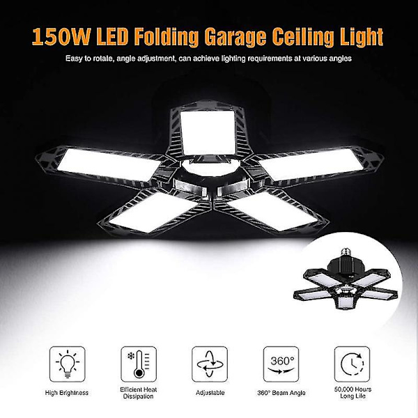 150w LED-garasjelys E27/e26 8000lm lampe justerbar deformerbar pære taklampe for butikk/lager/verksted belysning