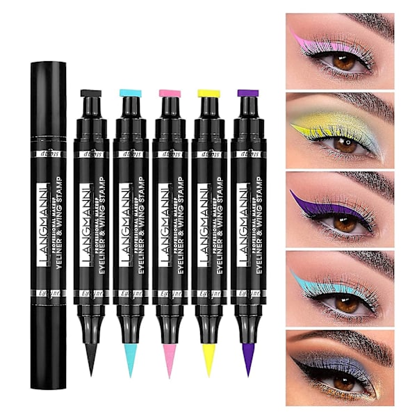 Eyeliner-leimasin, kaksisuuntainen vedenpitävä nestemäinen eyeliner-kynä, 5 väriä siivekäs eyeliner-leimasinsetti, kaikille silmänmuodoille siivekäs eyeliner-leimasin, täydellinen siipi