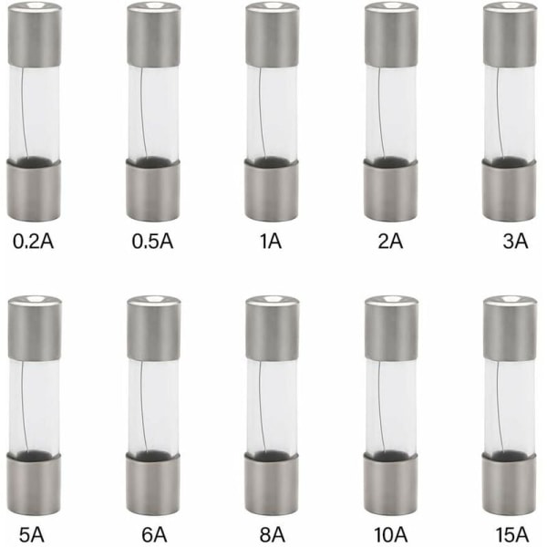 100 kpl 5X20 mm:n putkivahvistinsarja, lajiteltuja sulakkeita 0,2A, 0,5A, 1A, 2A, 3A,