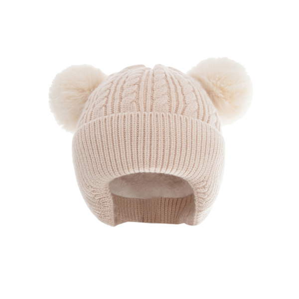 Barnmössa stickad fleece varm babyhatt (beige)
