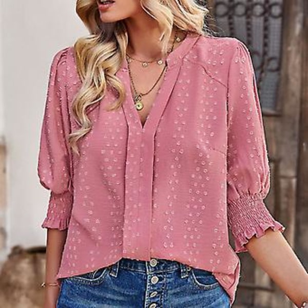 Dame Halv Erme V-hals Topp Elegant Moderne Ensfarget Puff Erme Elastisk Rynket Mansjett Skjorte Bluse (XLPink) Pink XL