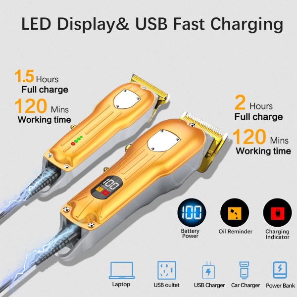 Profesjonell hårklipper for menn, elektrisk skjeggtrimmer, ledning