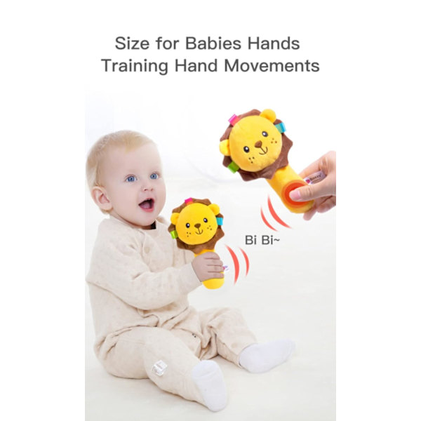 Baby Cartoon Hand Rattles Squeaky Sticks, Gosedjur Leksak för 0 3 6 9 Månader, Mjukt Fylld Shaker Rattles för Småbarn Flickor och Pojkar (Lejon)