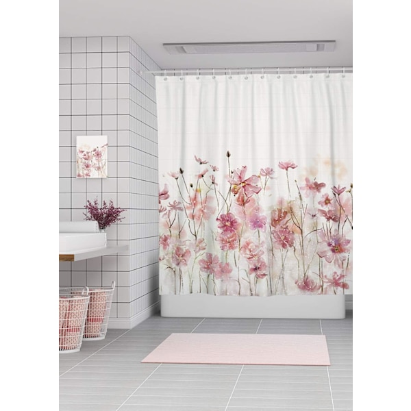 Rosa Blommönster Polyestertyg Duschdraperi Gardiner Set Tvättbar