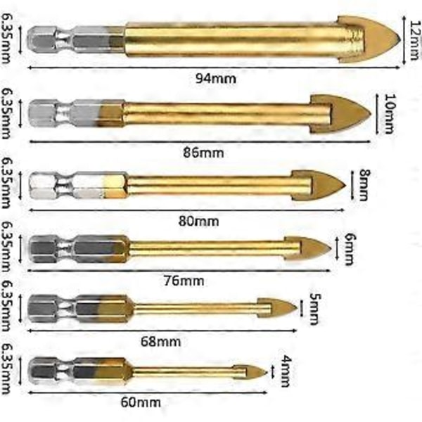 6 stk. Hex Glasbor Flisebor med Keramisk Titanium Belægning Bor 4mm/5mm/6mm/8mm/10mm/12mm Boreværktøj til Spejlglas Fliser